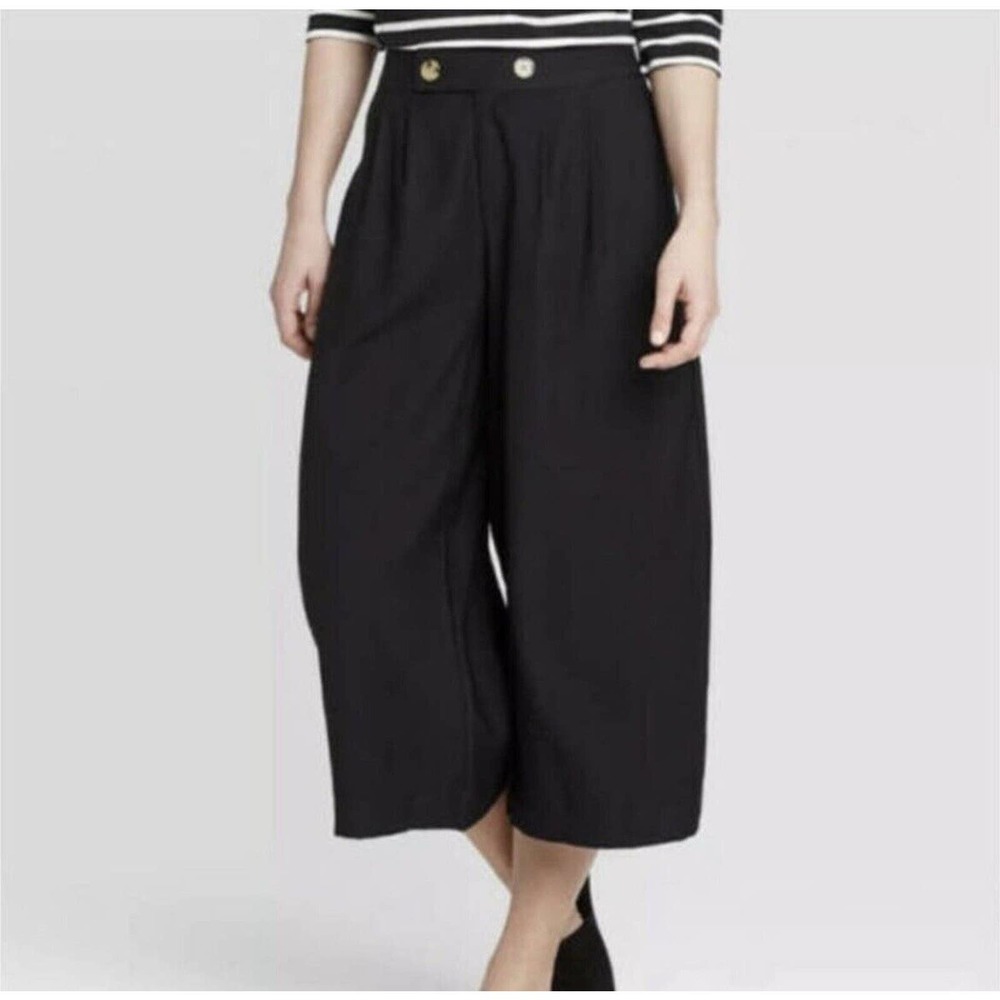 Who What Wear Womens Size 10 High-Rise Wide Leg Front Pleat Cropped Pants Black